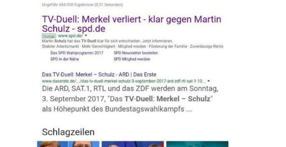 <p>Die SPD kannte den Gewinner des TV-Duells zwischen den Kanzlerkandidaten Martin Schulz und Angela Merkel schon vor dem Duell. „TV-Duell: Merkel verliert – klar gegen Martin Schulz – spd.de“ war in einer Google-Anzeige zu lesen, die versehentlich schon vor der TV-Show freigeschaltet wurde. (Screenshot Google.de) </p>