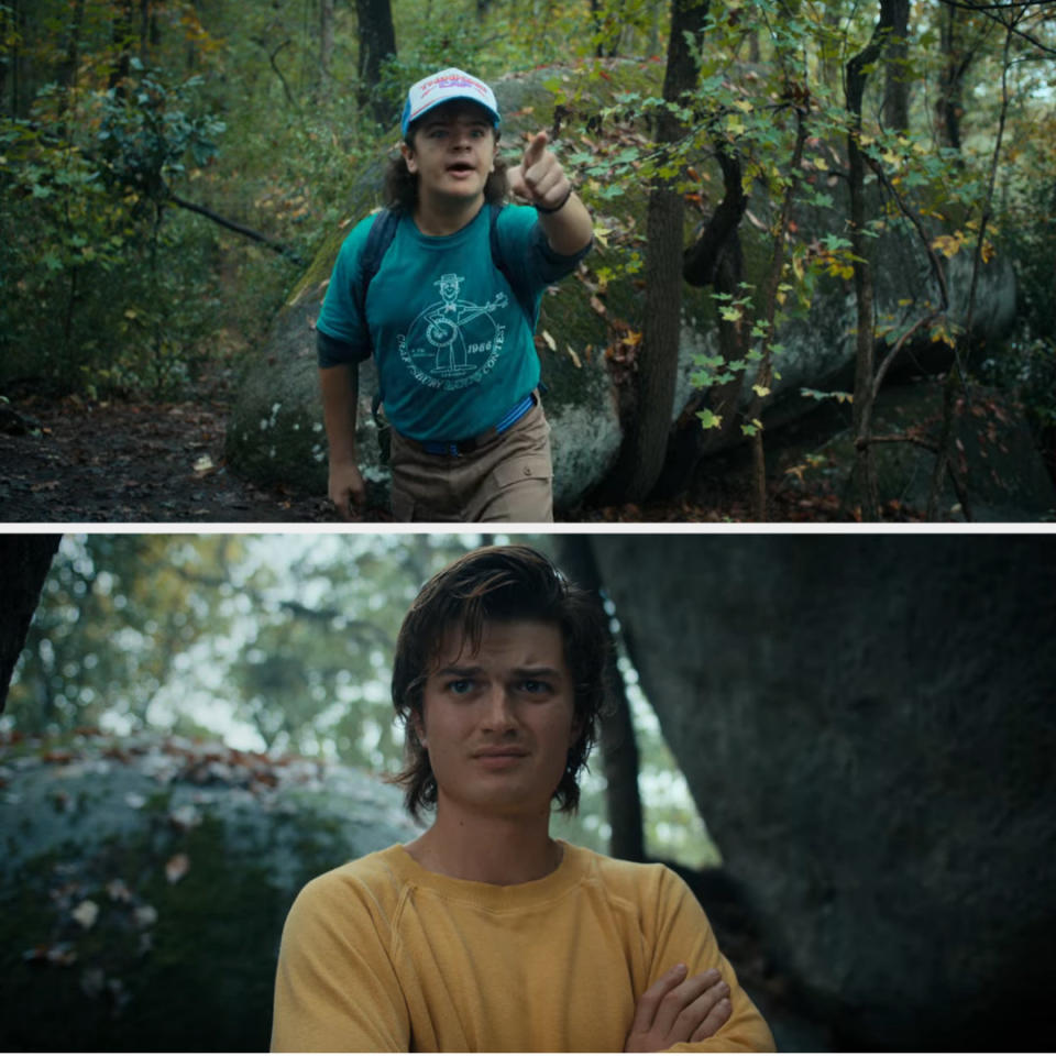 Dustin pointing in the woods; Steve looking skeptical