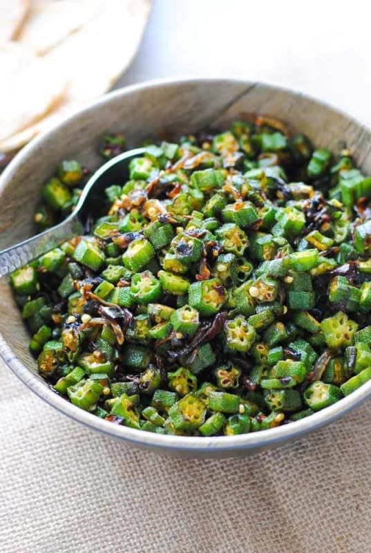 <p>Indian Ambrosia</p><p>Bhindi Sabzi is an easy, very simple and quick okra stir-fry that requires just 5 ingredients. It is vegan, keto-friendly, gluten-free and can be put on the table in 30 minutes. Also, read about some fail-proof tips for making non-sticky, non-slimy okra. No more sticky bhindi, yay!</p><p><strong>Get the recipe: </strong><a href="https://indianambrosia.com/bhindi-sabzi/" rel="nofollow noopener" target="_blank" data-ylk="slk:Dry Bhindi Sabzi;elm:context_link;itc:0;sec:content-canvas" class="link "><strong>Dry Bhindi Sabzi</strong></a></p>