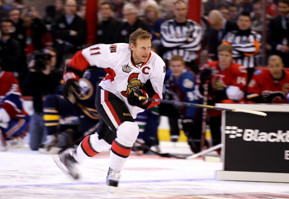 OTTAWA, ON - JANUARY 28: Daniel Alfredsson #11 of the Ottawa Senators and team Alfredsson competes in the Blackberry NHL Hardest Shot portion of the 2012 Molson Canadian NHL All-Star Skills Competition at Scotiabank Place on January 28, 2012 in Ottawa, Ontario, Canada. (Photo by Christian Petersen/Getty Images)