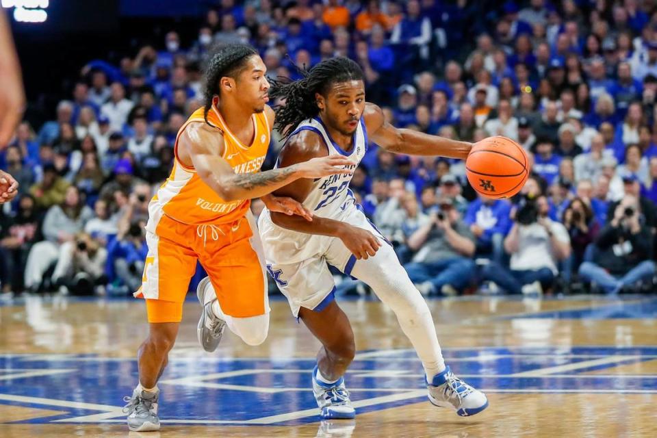 Tennessee guard Zakai Zeigler (5) does not have a history of shooting well against Kentucky. In 5 prior career games vs. the Wildcats, the UT point guard is 12-of-39 on field-goal attempts and 5-of-19 on 3-point tries.