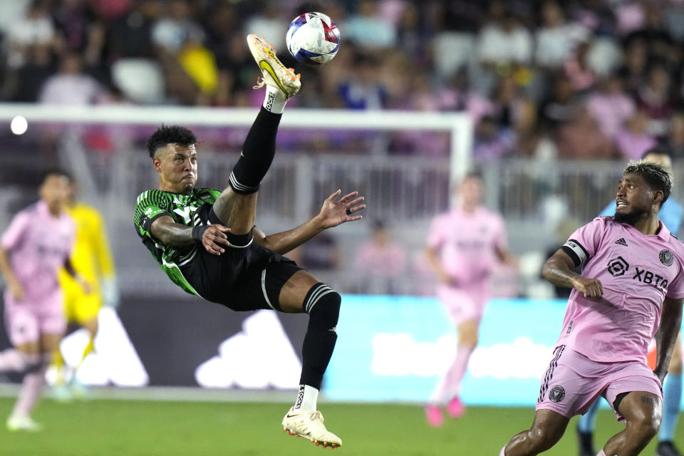 Austin FC defender Julio Cascante kicks the ball during the second half of the team's MLS soccer match against Inter Miami, Saturday, July 1, 2023, in Fort Lauderdale, Fla. (AP Photo/Lynne Sladky)