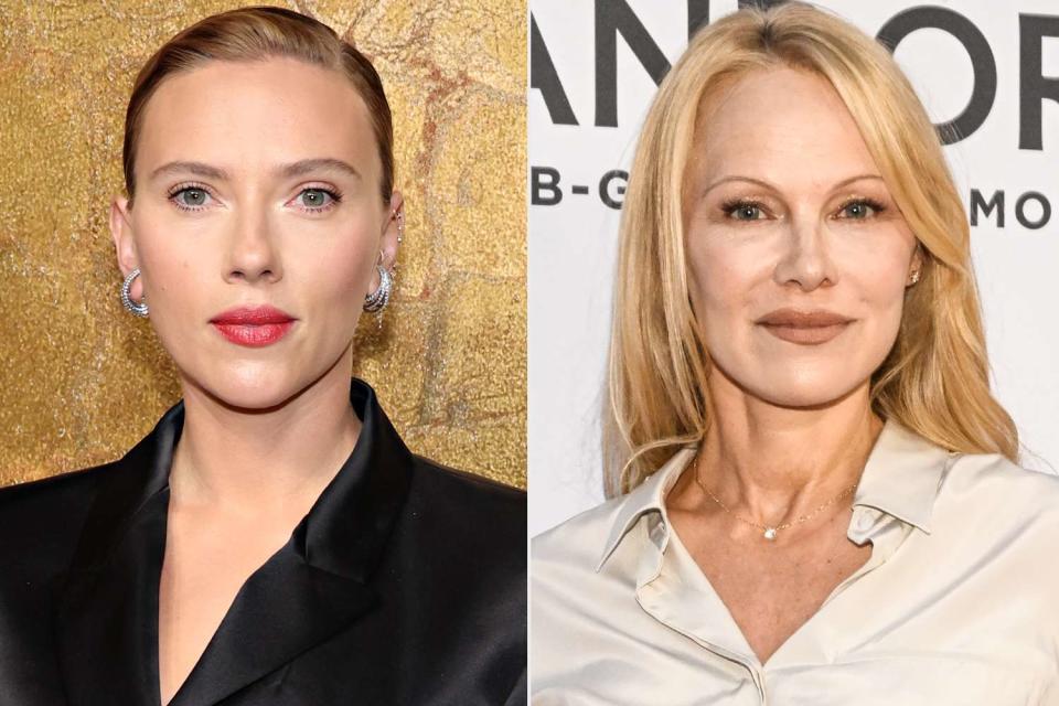 <p>Cindy Ord/Getty; Daniel Zuchnik/WWD via Getty</p> Scarlett Johansson (left) praised Pamela Anderson