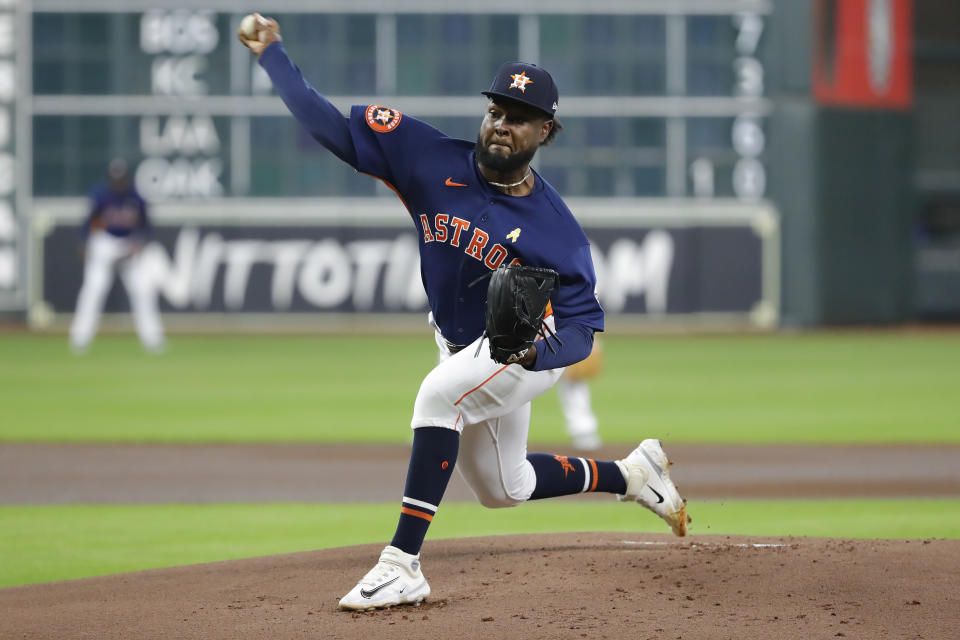 Houston Astros starting pitcher Cristian Javier throws against the New York Yankees during the first inning of a baseball game Sunday, Sept. 3, 2023, in Houston. (AP Photo/Michael Wyke)