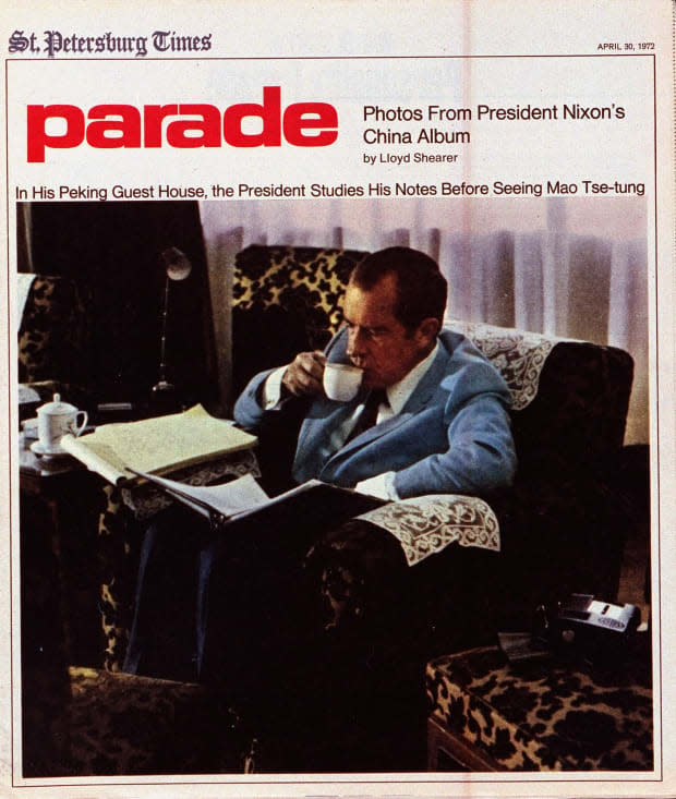 <p>Former president Nixon looks over his notes in preparation for his meeting with Mao Tse-tung on the April 30, 1972 issue of Parade.</p>