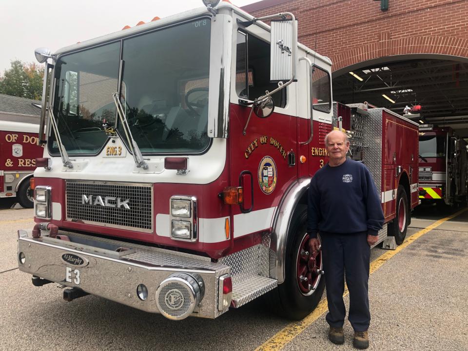 Jack Burridge, who retired from the Eliot (Maine) Fire Department in 2023 after 64 years of service, brought "Old Mack," the first truck Dover Fire Capt. Troy Brown worked on, to Brown's retirement ceremony Saturday, Sept. 30, 2023, in Dover. Burridge owns the 1984 Mack 1250 pumper truck, which he has restored.