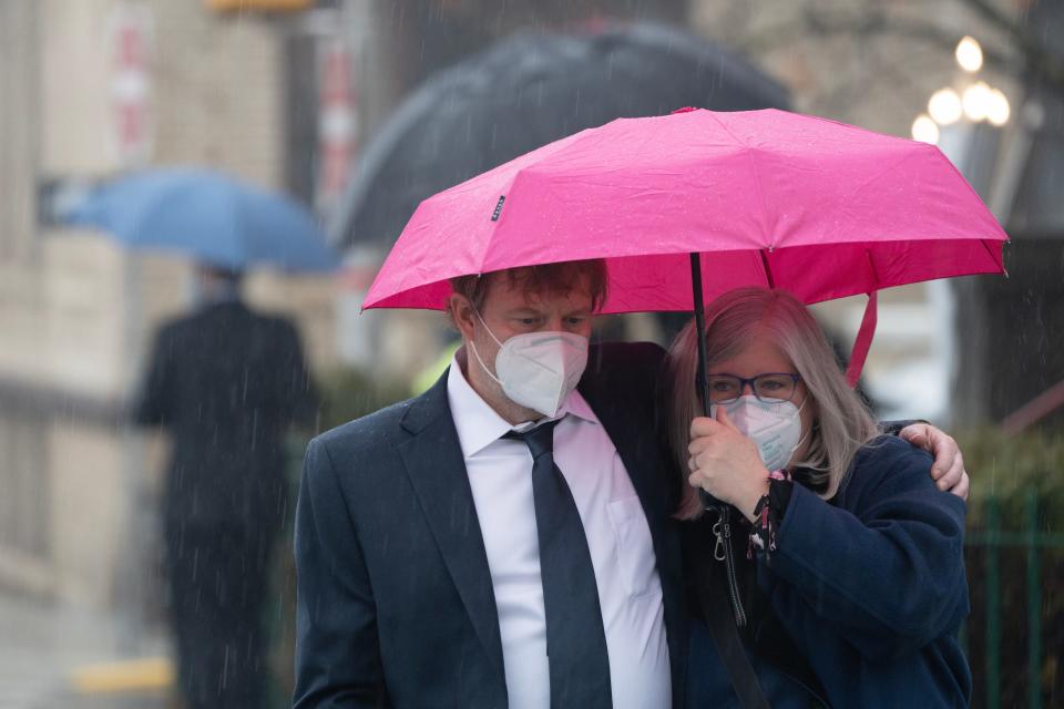 Mourners leave from the funeral of Alain Mentha, a Jersey City resident who founded a refugee support agency, Welcome Home Jersey City. The funeral was held at Temple Beth El in Jersey City, N.J. on Tuesday Jan. 3, 2023.