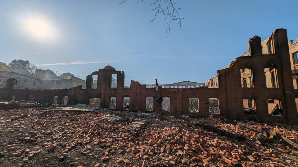 The aftermath of a six-alarm Saturday fire, in Stewartstown, was still smoldering on Monday April 29, 2024.