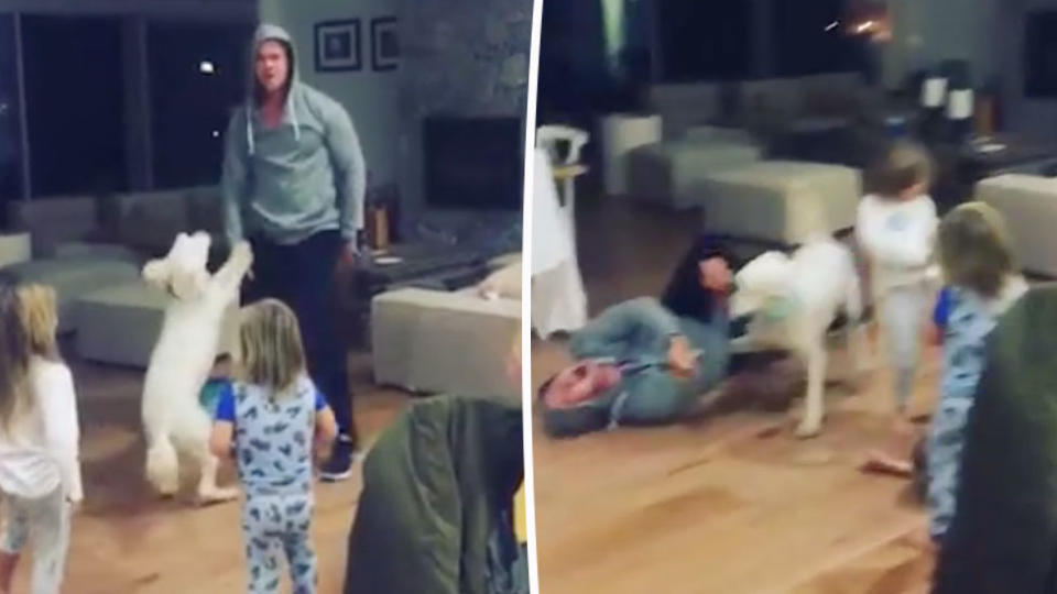 Chris Hemsworth shared an impersonation of him singing Miley Cyrus that went wrong when his dog “attacked” him and brought him crashing down to the floor. Source: Instagram/ChrisHemsworth