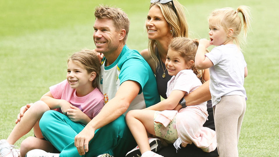 David Warner, pictured here with his wife Candice and their three daughters at MCG.
