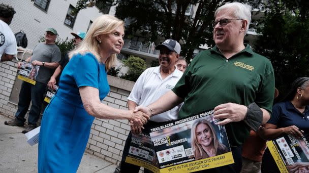 PHOTO: Rep. Carolyn Maloney who has represented New York City's Upper East Side since 1993, speaks to supporters, Aug. 22, 2022, in New York. (Spencer Platt/Getty Images)