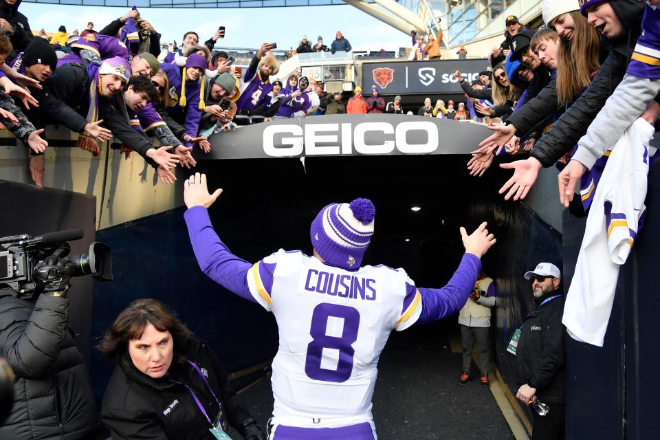 CHICAGO, ILLINOIS - JANUARY 08: Kirk Cousins #8 of the Minnesota Vikings walks off the field after the game against the Chicago Bears at Soldier Field on January 08, 2023 in Chicago, Illinois. (Photo by Quinn Harris/Getty Images)