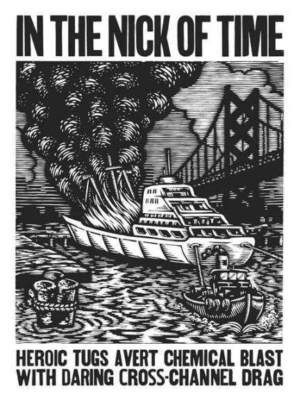 A woodcut depiction of the heroic tugboat crew that dragged a burning vessel away from port to prevent the whole area from incineration in 1961.