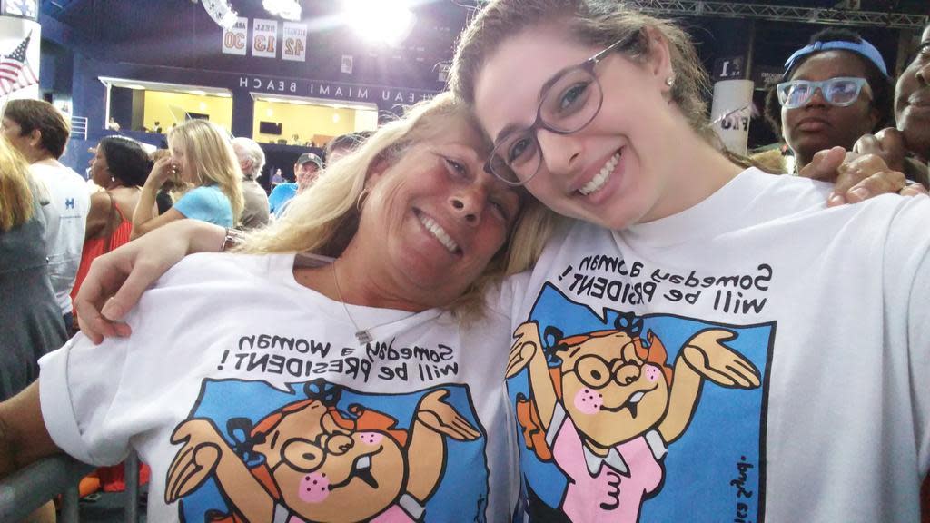 Ellen Elias and her daughter Raya Elias-Pushett proudly wear the controversial Walmart ‘woman president’ tees. (Photo: Twitter)