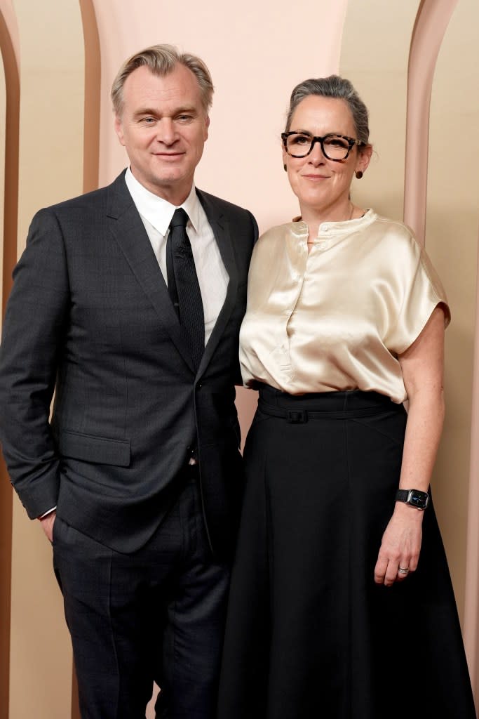 Christopher Nolan and Emma Thomas attend the 96th Oscars Nominees Luncheon at The Beverly Hilton on February 12, 2024 in Beverly Hills, California