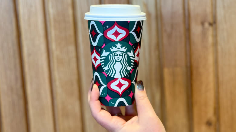 To-go cup of Starbucks peppermint hot chocolate