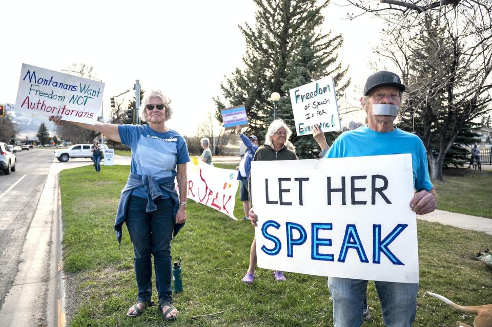 Supporters of transgender lawmaker Zooey Zephyr hold signs in Livingston, Mont., on April 29, 2023. <a href="https://media.gettyimages.com/id/1252429853/photo/rally-held-in-support-of-montana-transgender-lawmaker-zooey-zephyr.jpg?s=1024x1024&w=gi&k=20&c=eDJSNDd4CnZckYtPzDeKJmCltfQzzhD_yXzBumK5LTA=" rel="nofollow noopener" target="_blank" data-ylk="slk:William Campbell/Getty Images;elm:context_link;itc:0;sec:content-canvas" class="link ">William Campbell/Getty Images</a>