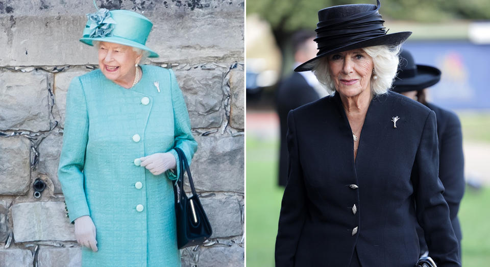 The queen wearing the original diamond leek brooch in 2020 (L), and Camilla wearing a replica in 2022 (R). (Getty Images)