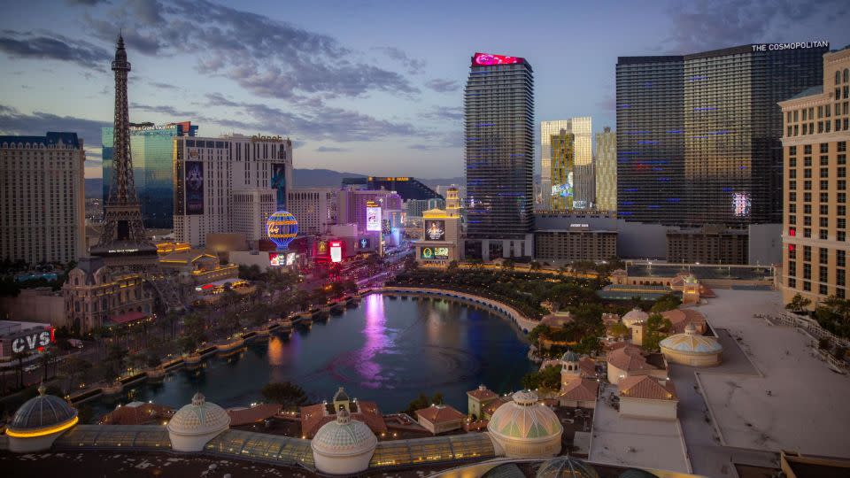 The Bellagio Hotel & Casino's water fountain lake is viewed from Caesars Palace Hotel & Casino on August 13, 2023 in Las Vegas, Nevada. - George Rose/Getty Images