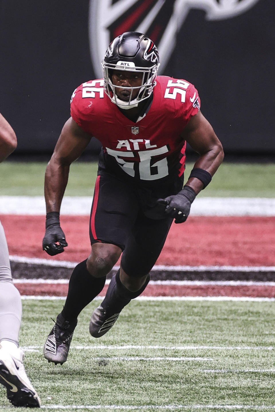 Atlanta Falcons defensive end Dante Fowler Jr. (56) takes a defensive position during an NFL game against the Detroit Lions, Sunday, Oct. 25, 2020 in Atlanta. The Lions defeated the Falcons 23-22. (Margaret Bowles via AP)