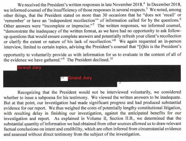 The Mueller report says Trump refused to be interviewed by the special counsel and his team. (Mueller Report)