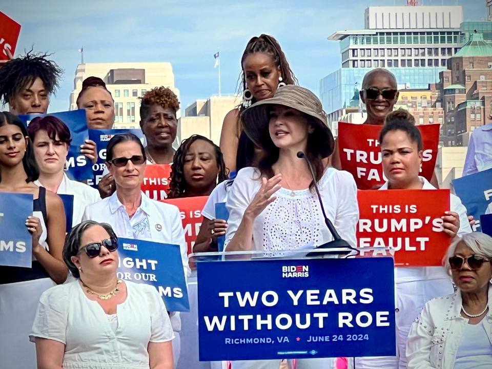 Actress Ashley Judd speaks to the crowd in Richmond, Virginia, on the second anniversary of the U.S. Supreme Court Dobbs decision, which effectively overturned Roe v. Wade in 2022. Democrats have said access to reproductive health care is on the ballot in the November election.