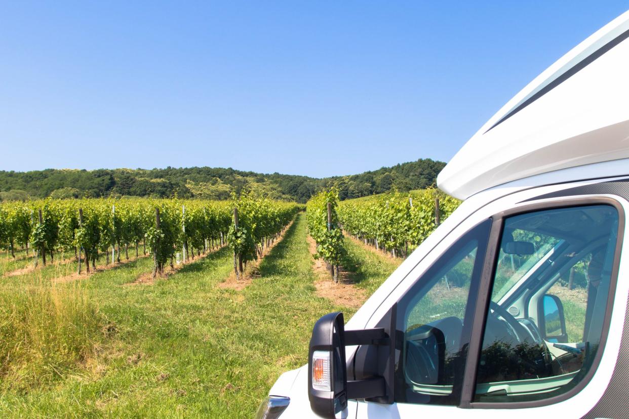 Camper van driving on road among vineyards on Alsatian Wine Route near Riquewihr village, France.