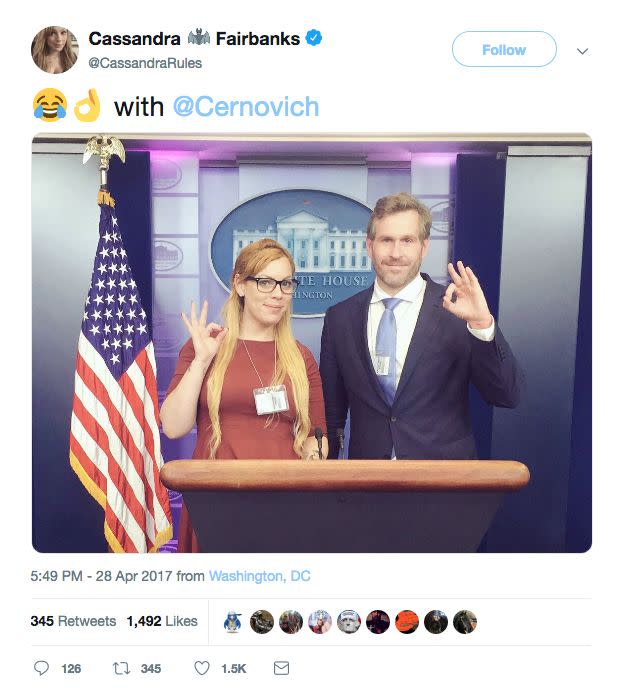 Gateway Pundit Washington bureau chief Cassandra Fairbanks and disinformation peddler Mike Cernovich display the white power "OK" hand gesture in the White House press room. (Photo: Cassandra Fairbanks/Twitter)