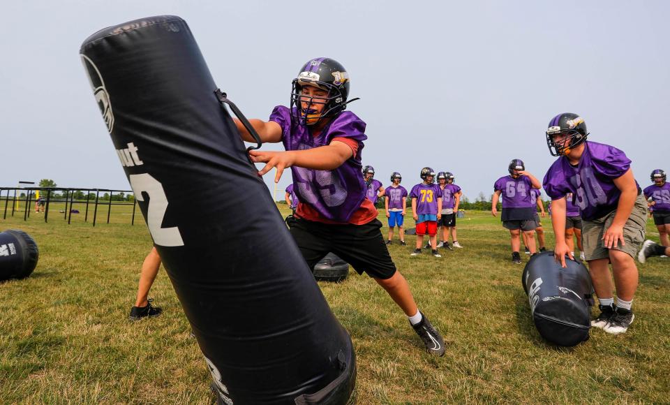 Players work on their skills during football practice at Two Rivers High School, Tuesday, August 1, 2023, in Two Rivers, Wis. (Syndication: Herald Times Reporter)