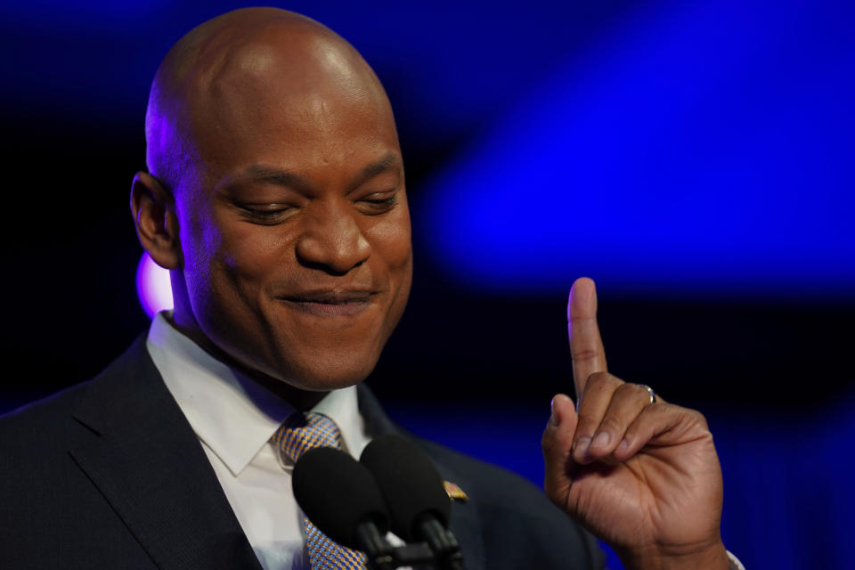 Maryland Gov.-elect Wes Moore speaks to supporters at an election night event in Baltimore, Md., Tuesday, Nov. 8, 2022. (AP Photo/Bryan Woolston)