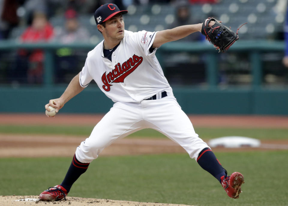 Cleveland Indians starting pitcher Trevor Bauer delivers in the first inning of a baseball game against the Toronto Blue Jays, Thursday, April 4, 2019, in Cleveland. (AP Photo/Tony Dejak)