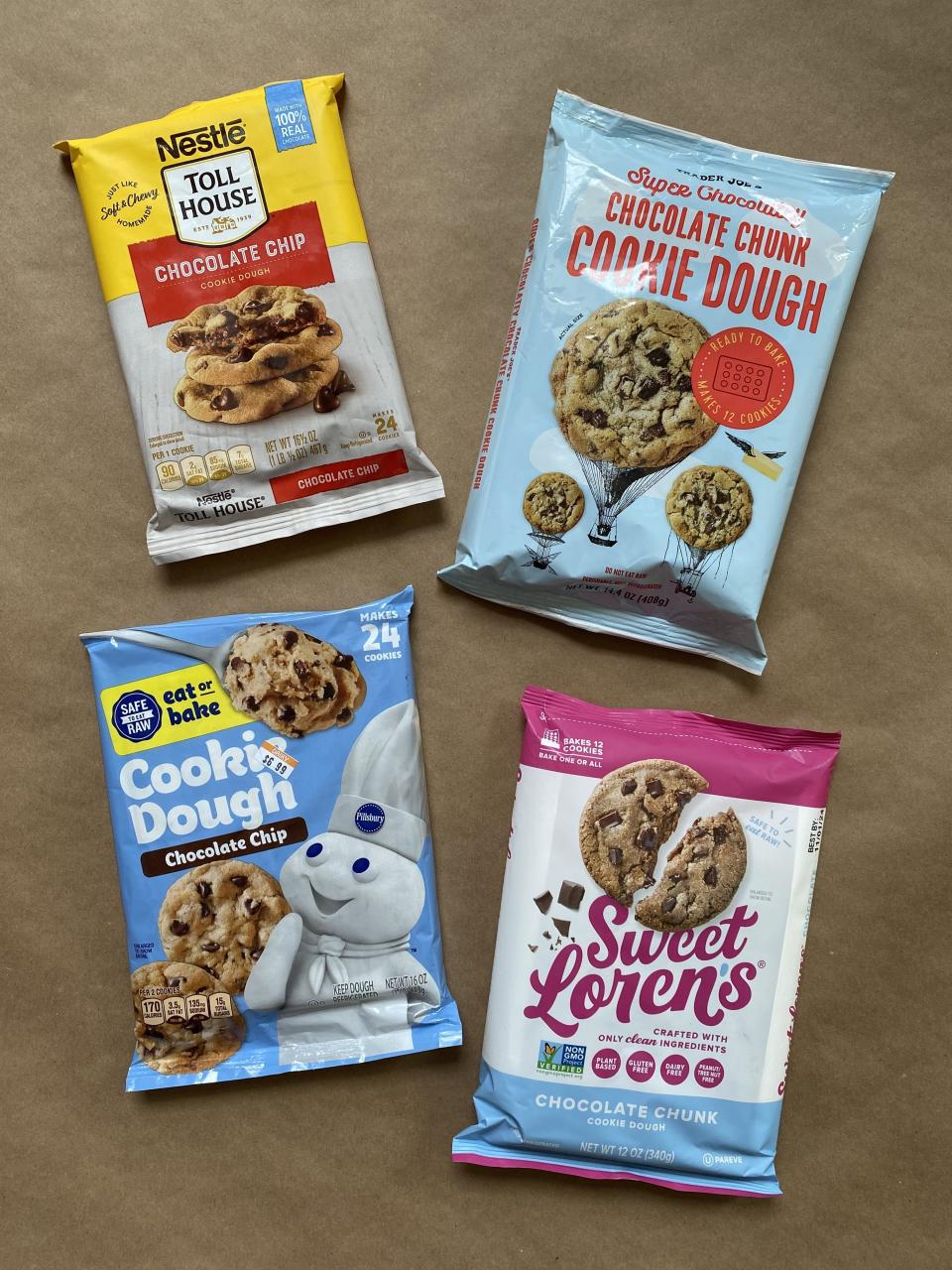 Four packaged cookie doughs on display: Nestlé Toll House, Pillsbury, Trader Joe's, and Sweet Loren's chocolate chunk and chocolate chip flavors