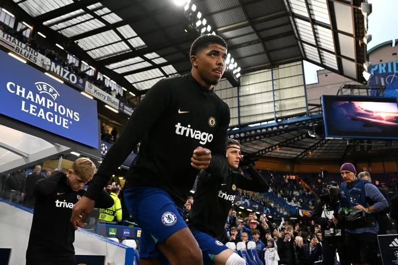 Wesley Fofana of Chelsea enters the pitch to warm up prior to the UEFA Champions League quarterfinal second leg match between Chelsea FC and Real Madrid at Stamford Bridge on April 18, 2023 in London, England.