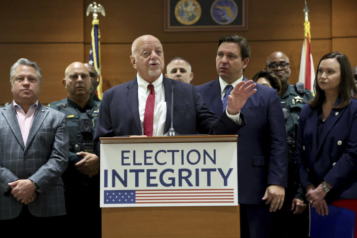 Florida Election Crimes and Security Office Director Peter Antonacci speaks during a news conference at the Broward County Courthouse in Fort Lauderdale, Fla. on Thursday, Aug. 18, 2022. Florida Gov. Ron DeSantis on Thursday announced criminal charges against 20 people for illegally voting in 2020, the first major public move from the Republican's new election police unit. (Amy Beth Bennett/South Florida Sun-Sentinel via AP)