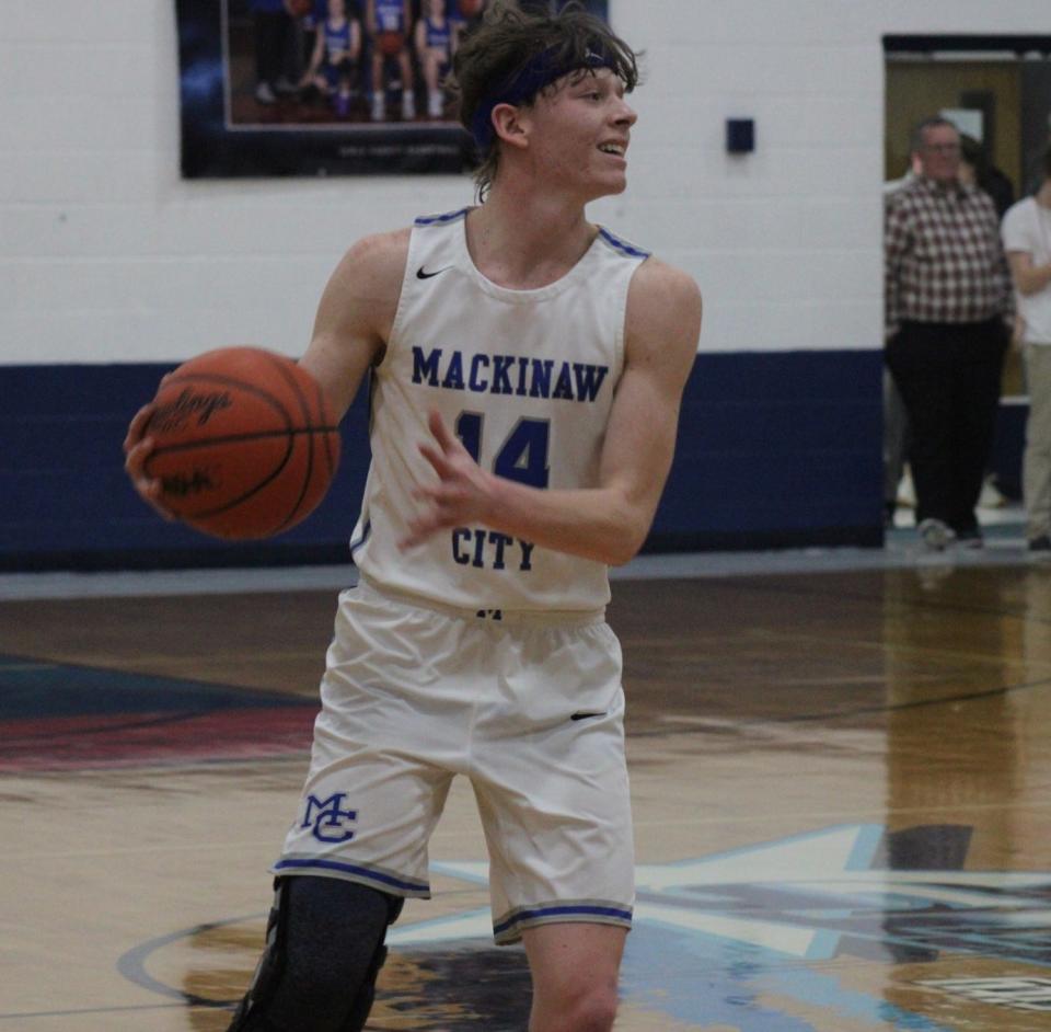 Senior Lars Huffman scored 19 of his 20 points in the second half to help lead the Mackinaw City boys to a crucial Northern Lakes Conference victory at Ellsworth on Tuesday.