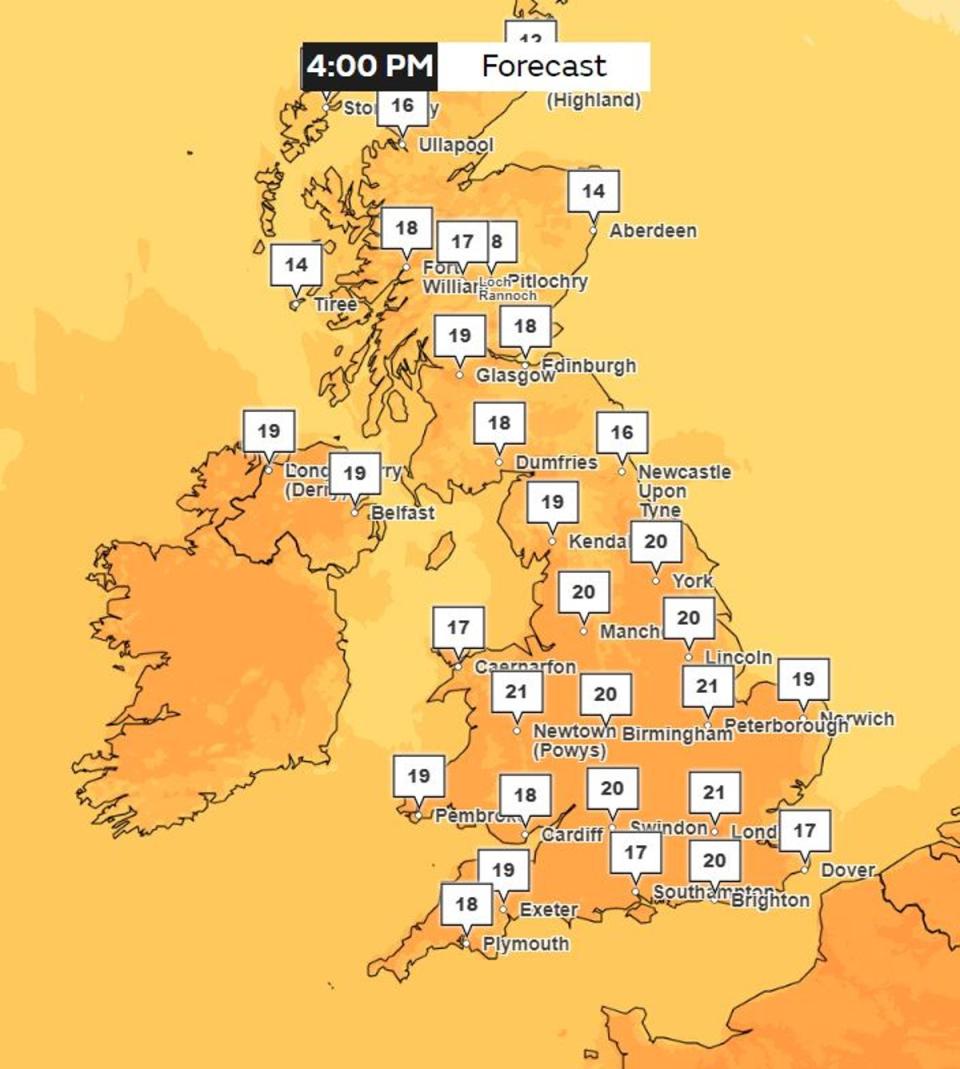 The Met Office forecast for Friday shows much of the county hitting 20C (Met Office)