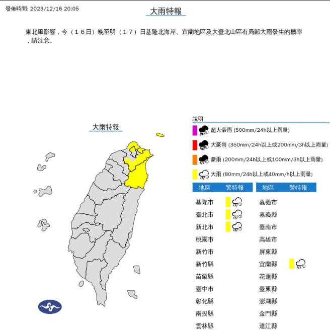 台北市山區、新北市山區、基隆北海岸與宜蘭縣大雨特報。(圖／氣象署)