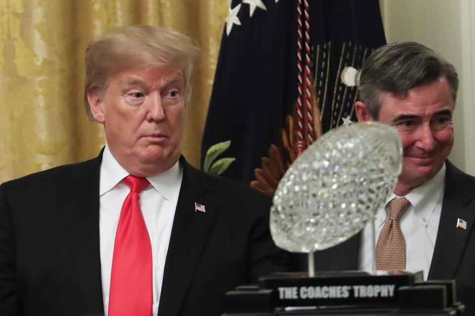 President Donald Trump welcomes the 2018 College Football Playoff champion Clemson Tigers to the White House on Jan. 14, 2019. (AP)