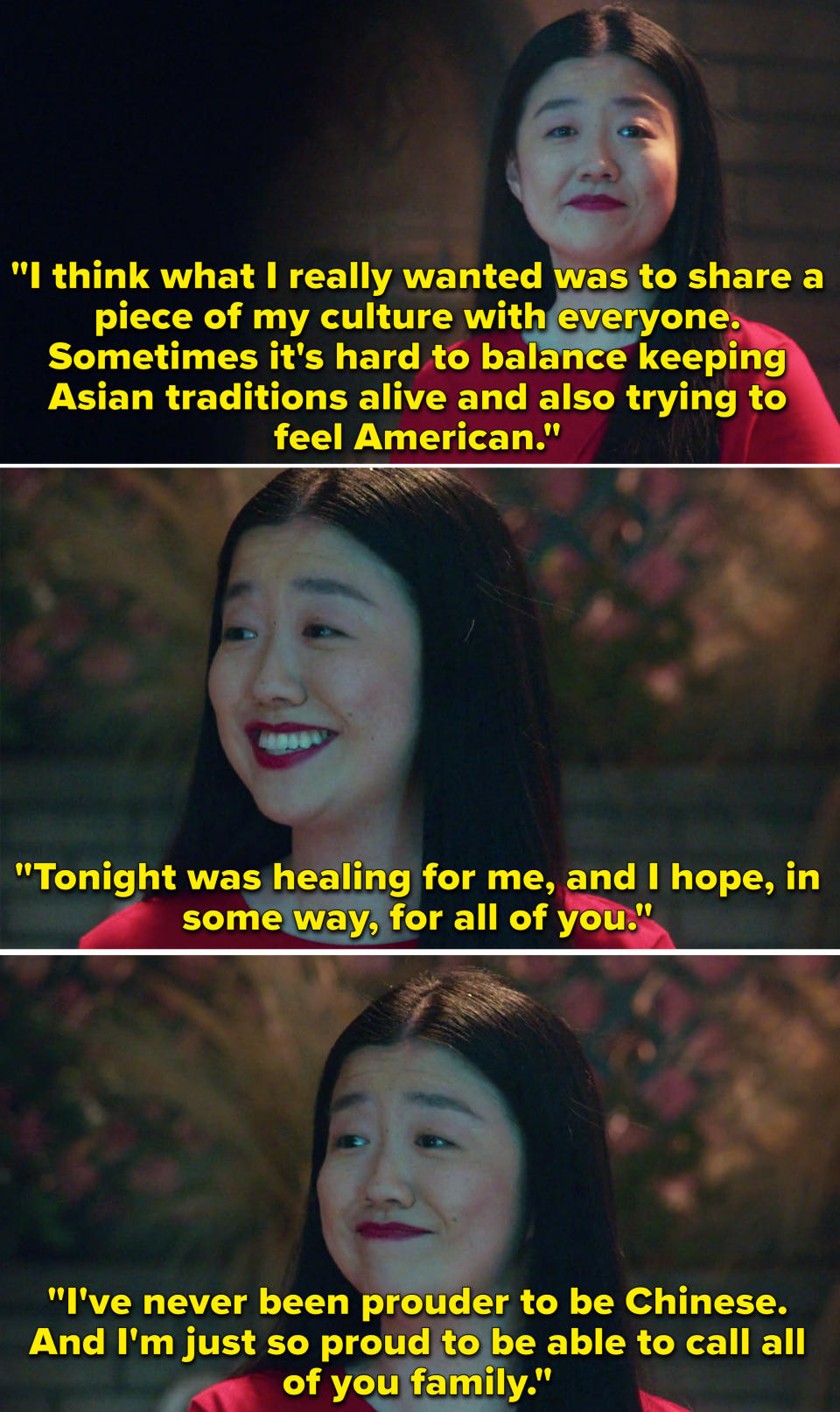 Alice saying how she's proud to be Chinese and proud to be able to call all of her friends "family"