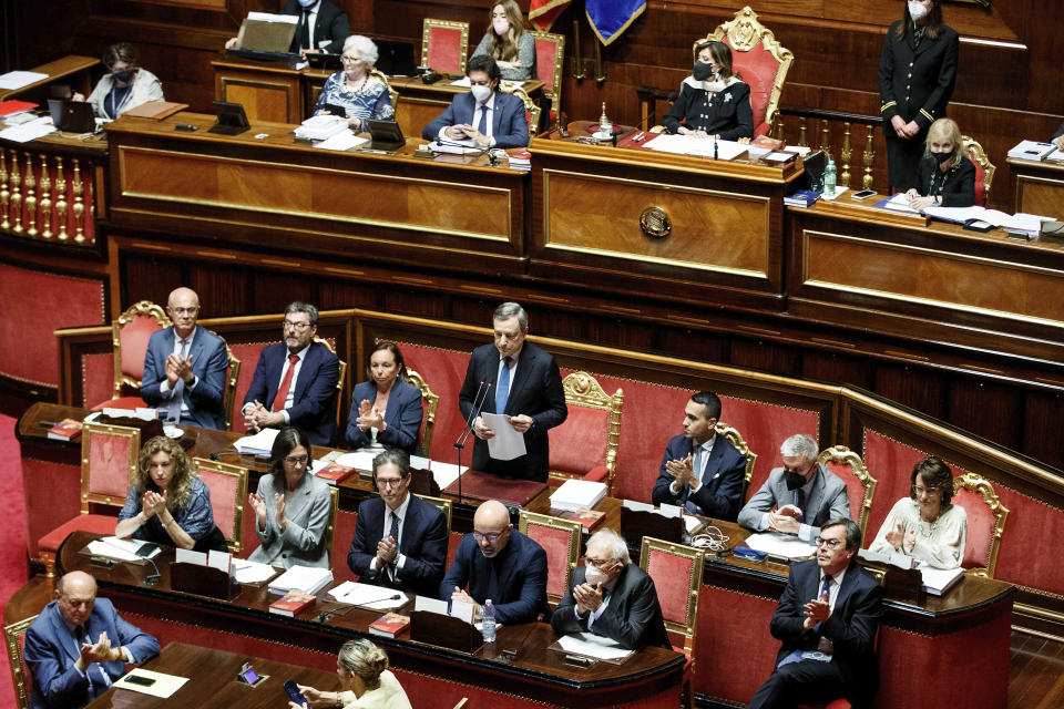 Italian Premier Mario Draghi addresses the Senate in Rome, Tuesday, June 21, 2022. (Roberto Monaldo/LaPresse via AP)