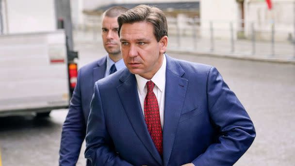 PHOTO: Florida Republican Gov. Ron DeSantis arrives for a visit with Britain's Foreign Secretary in London, April 28, 2023. (Alberto Pezzali/AP)