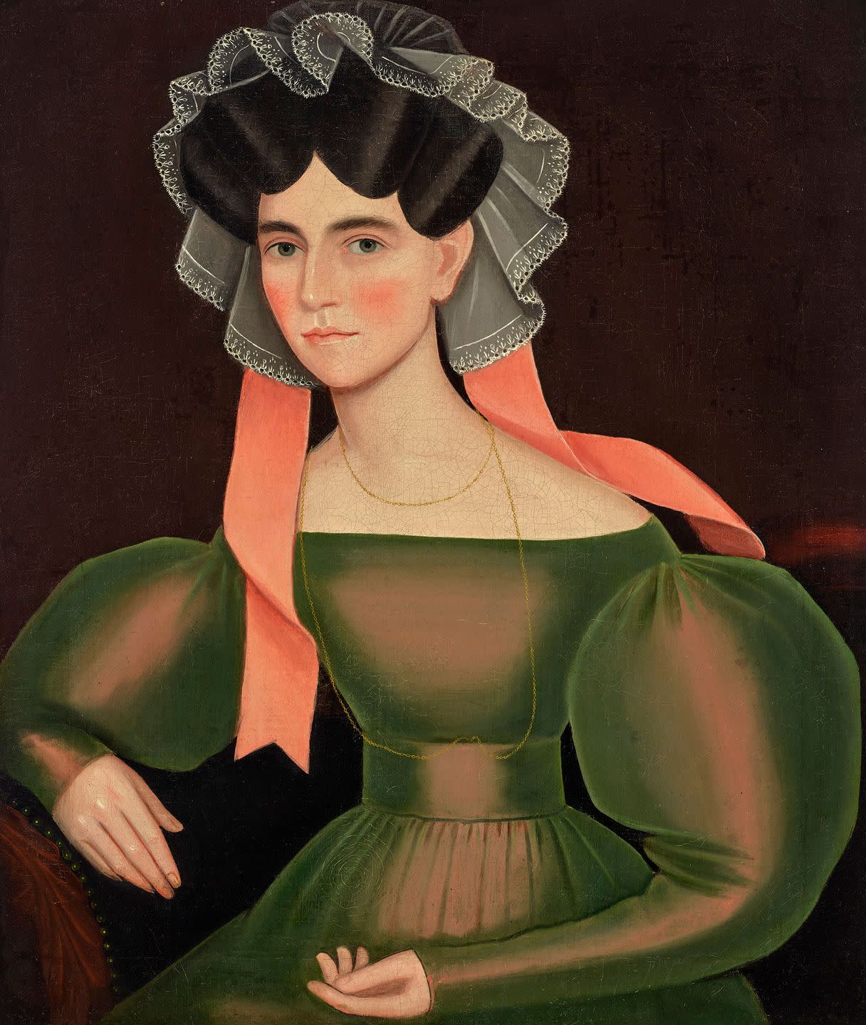 folk portrait of woman with pink ribbons in hair