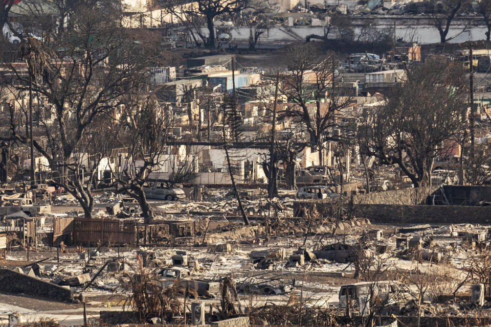 Last week's inferno on the island of Maui is already the deadliest US wildfire in a century, with only a quarter of the ruins of the devastated town of Lahaina searched for victims so far.  (Yuki Iwamura / AFP - Getty Images)