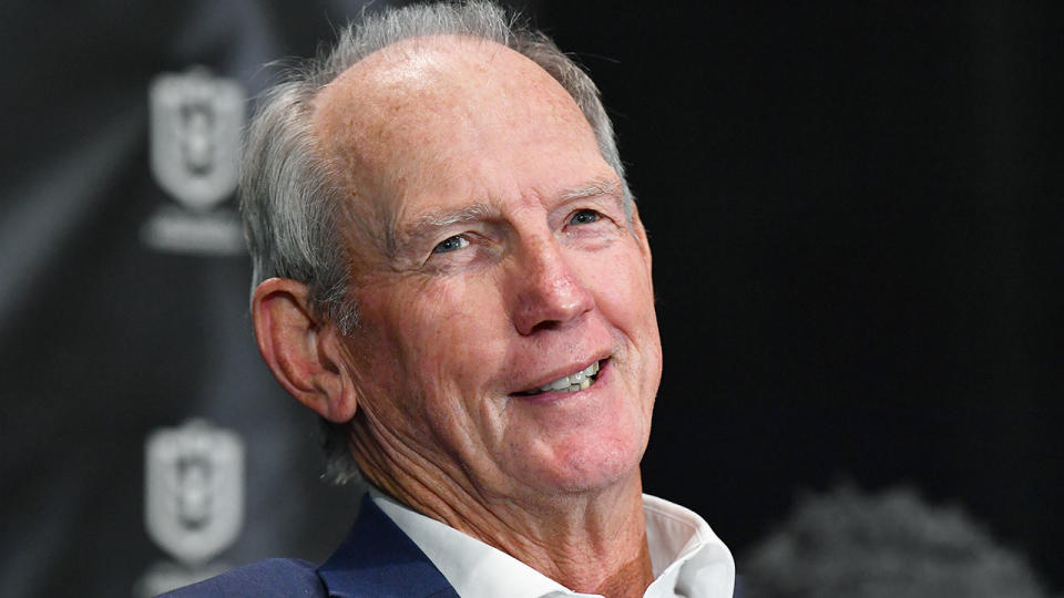 Seen here, Wayne Bennett has a laugh at his unveiling as Dolphins coach. 