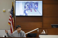 Former Marjory Stoneman Douglas High School student Anthony Borges, who was injured in the 2018 shootings, testifies during the trial of former Marjory Stoneman Douglas High School School Resource Officer Scot Peterson, Thursday, June 8, 2023, at the Broward County Courthouse in Fort Lauderdale, Fla. Peterson is charged with child neglect and other charges for failing to stop the Parkland school massacre five years ago. (Amy Beth Bennett/South Florida Sun-Sentinel via AP, Pool)