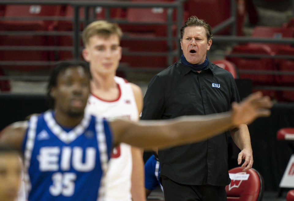 Eastern Illinois coach Jay Spoonhour yells to his players during the second half of an NCAA college basketball game against Wisconsin on Wednesday, Nov. 25, 2020, in Madison, Wis. Wisconsin won 77-67. (AP Photo/Andy Manis)