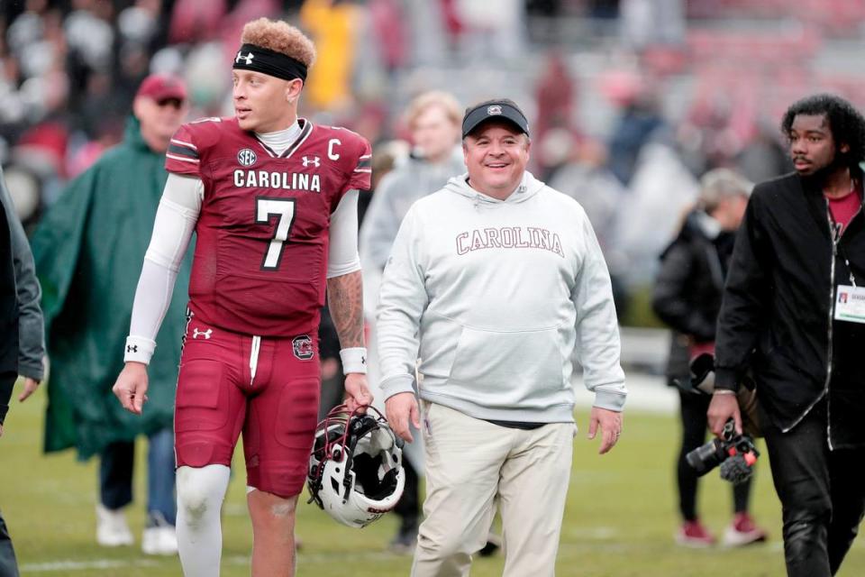 South Carolina’s Spencer Rattler and Dowell Loggains after the game against Vanderbilt on Saturday, Nov. 11, 2023 at Williams-Brice Stadium.