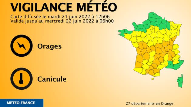 27 départements sont en vigilance orange pour canicule et/ou orages ce 21 juin (Photo: Météo France)