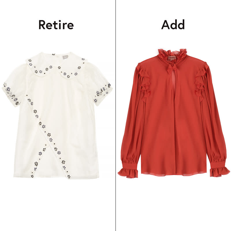 <p>It's hard to pull off Peter Pan collars in our 30s unless you're Alexa Chung, but for us mere mortals it tends to look a little childish. Try an elegant blouse adorned with ruffles for a similar polished vibe.</p>