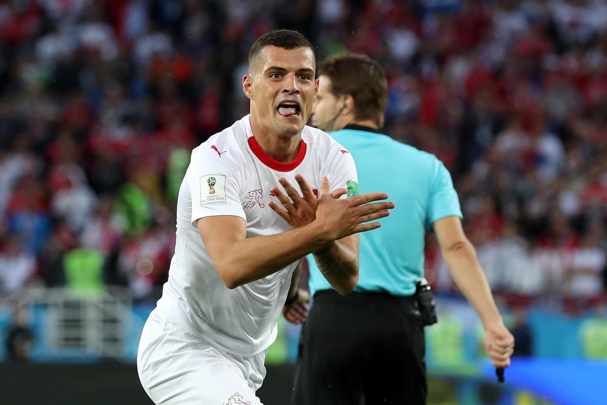 Granit Xhaka of Switzerland celebrates after scoring his team’s first goal during the 2018 FIFA World Cup Russia group E match between Serbia and Switzerland at Kaliningrad Stadium on June 22, 2018 in Kaliningrad, Russia. (Getty Images)